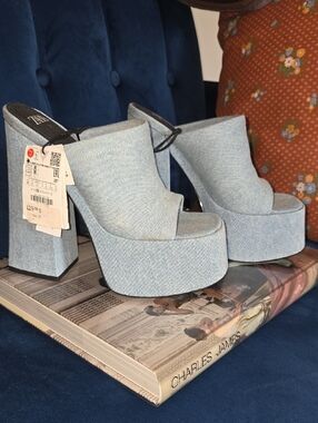 Zara Light Blue Denim Platform Mule Heels